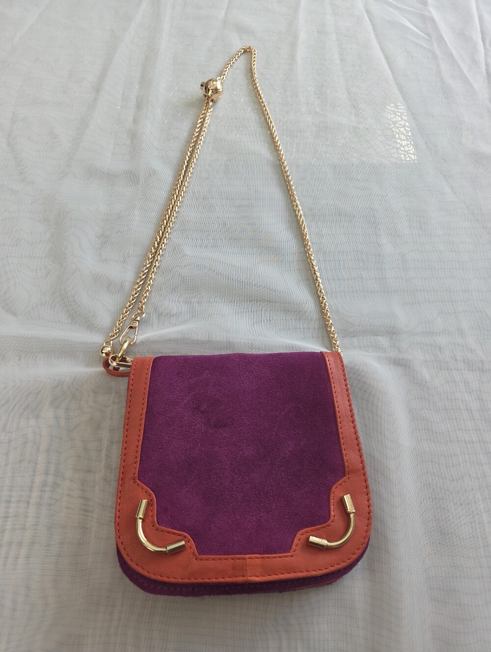 ASOS Women's Purple Suede & Orange Leather Crossbody Bag with Gold Chain